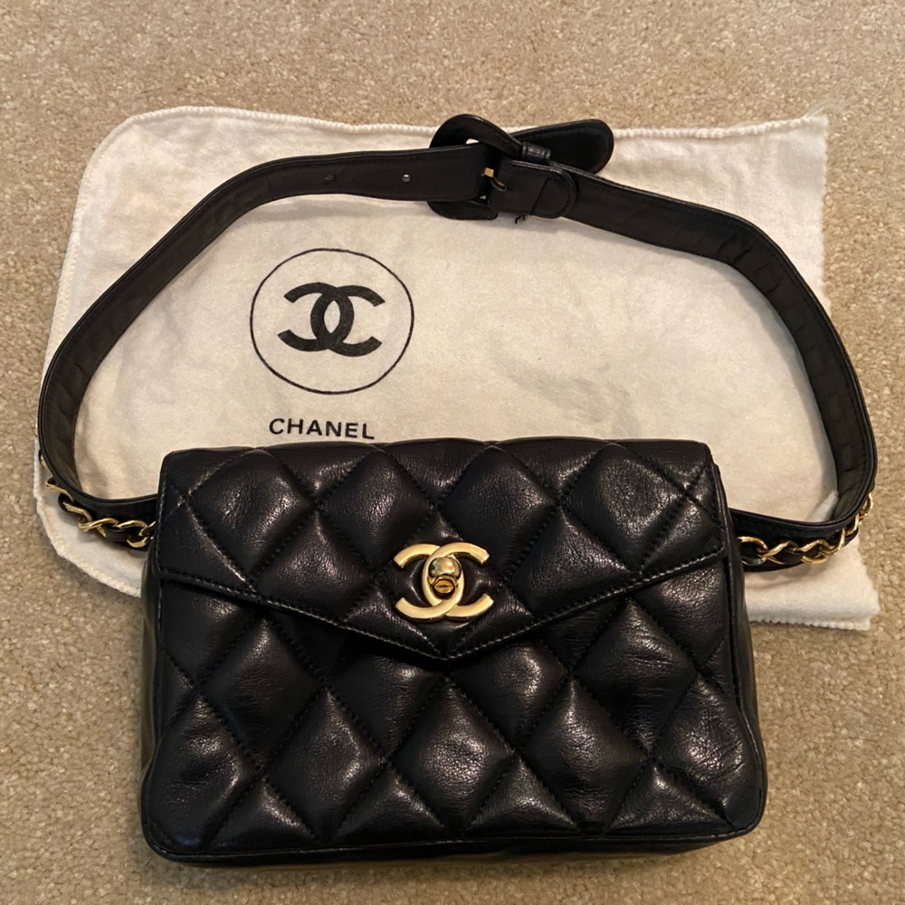 Chanel black quilted leather chained waist bag